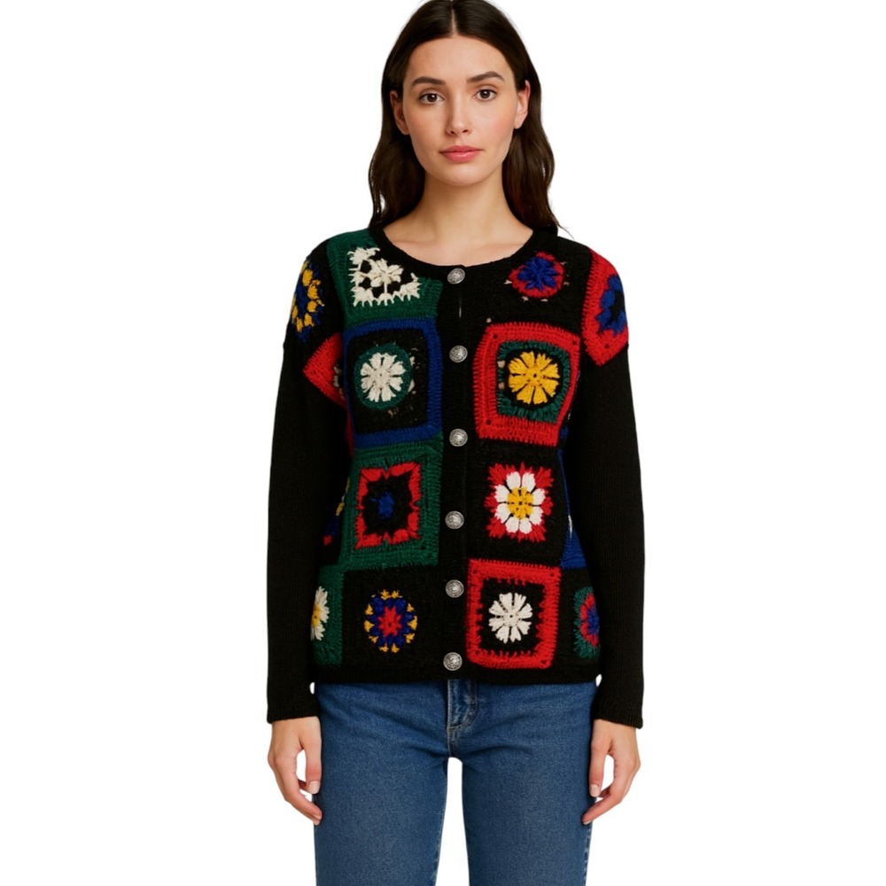 Gap Womens Vintage Granny Square Cardigan Cotton Floral Sweater 90s Y2k‎ Large